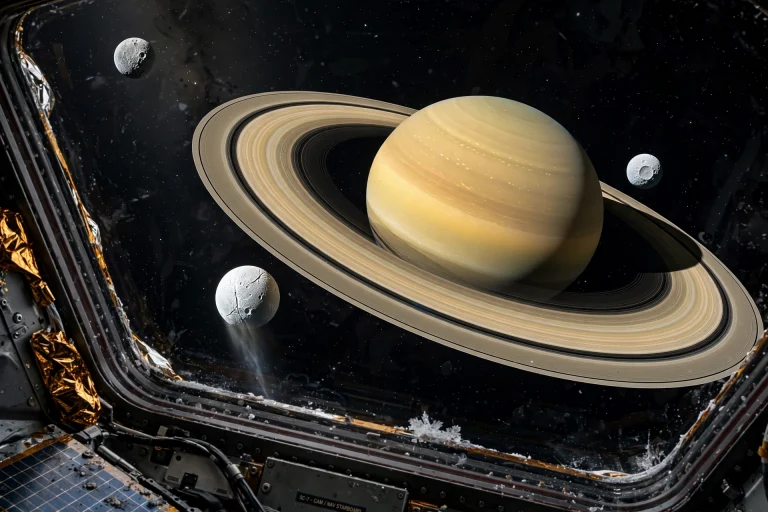 Saturn and its icy moons viewed from a spacecraft