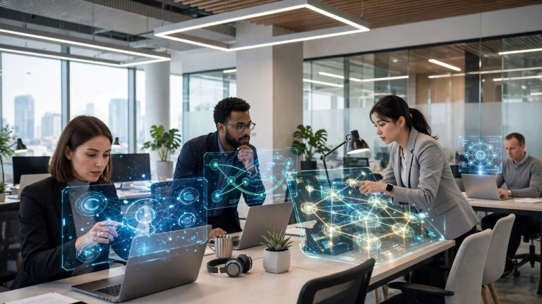 AI Agents at Work: How Autonomous Software Is Quietly Reshaping Office Jobs Office team working alongside holographic AI assistant interfaces