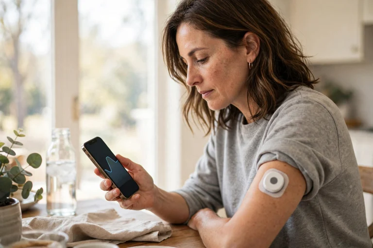 Continuous Glucose Monitors Help People With Type 2 Diabetes, Major Trial Finds Person checking a continuous glucose monitor reading on a smartphone